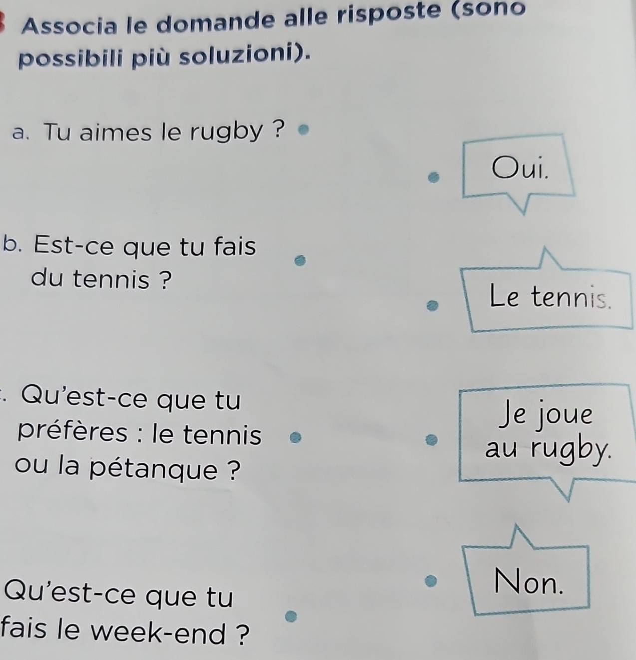 Associa le domande alle risposte (sono
possibili più soluzioni).
a. Tu aimes le rugby ?
Oui.
b. Est-ce que tu fais
du tennis ?
Le tennis.
Qu'est-ce que tu
préfères : le tennis
Je joue
au rugby.
ou la pétanque ?
Qu'est-ce que tu
Non.
fais le week-end ?