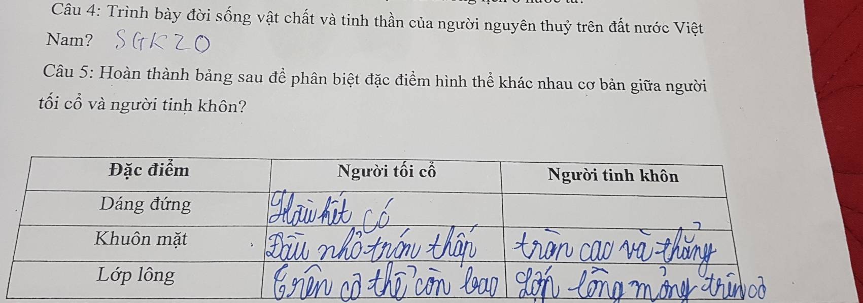 Trình bày đời sống vật chất và tinh thần của người nguyên thuỷ trên đất nước Việt 
Nam? 
Câu 5: Hoàn thành bảng sau để phân biệt đặc điểm hình thể khác nhau cơ bản giữa người 
tối cổ và người tinh khôn?