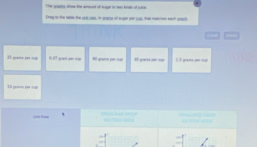 The graphs show the amount of sugar in two kinds of juice.
Drag to the table the unit rate, in grams of sugar per cup, that matches each grapb
oxer
25 grams per cup gram per cup 80 grams per cup 4( grams per cup 1.5 grams per cup
24 grams per cup
Unit Rate DRAG AND DROP DRAG AÍD ODOP AN TTEMR
AN ITEM ERE
123 150
12