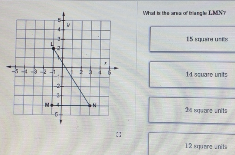Solved: What is the area of triangle LMN? 15 square units 14 square ...