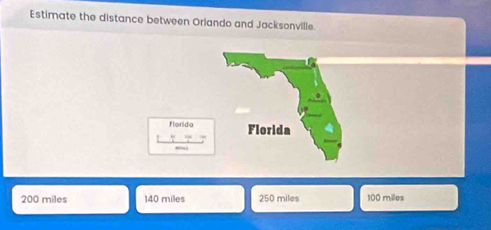 Estimate the distance between Orlando and Jacksonville.
200 miles 140 miles 250 miles 100 miles