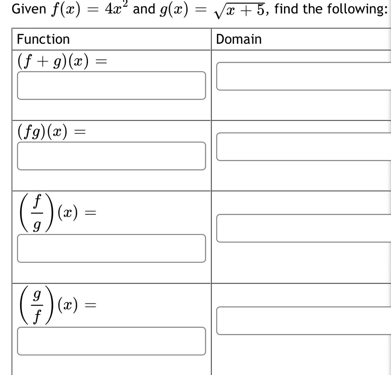 Given f(x)=4x^2 and g(x)=sqrt(x+5) , find the following: