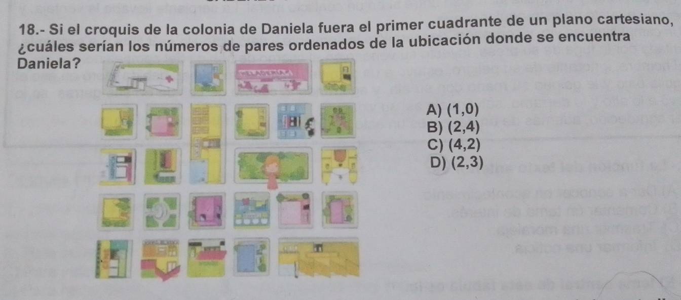 18.- Si el croquis de la colonia de Daniela fuera el primer cuadrante de un plano cartesiano,
¿cuáles serían los números de pares ordenados de la ubicación donde se encuentra
Daniela?
MELADEMA
A) (1,0)
B) (2,4)
C) (4,2)
D) (2,3)