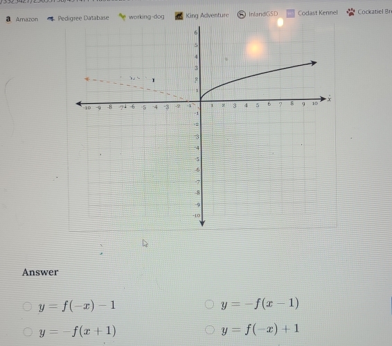 a Amazon P Database working-dog King Adventure InlandGSD Codast Kennel Cockatiel Br
Answer
y=f(-x)-1
y=-f(x-1)
y=-f(x+1)
y=f(-x)+1