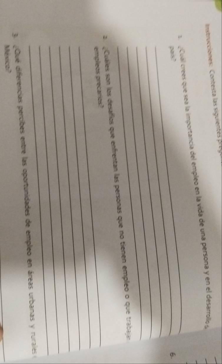 Instruccio es: Contesta las siguiente e u 
_ 
a Cuál crees que sea la importancia del empleo en la vida de una persona y en el desarrollo 
pais? 6. 
_ 
_ 
_ 
2. ¿Cuáles son los desafíos que enfrentan las personas que no tienen empleo o que trabajan 
_ 
_empleos precarios? 
_ 
_ 
_ 
_ 
3. ¿Qué diferencias percibes entre las oportunidades de empleo en áreas urbanas y rurales 
México?