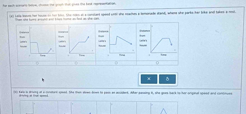 For each scenario below, choose the graph that gives the best representation. 
(a) Leila leaves her house on her bike. She rides at a constant speed until she reaches a lemonade stand, where she parks her bike and takes a rest. 
Then she turns around and bikes home as fast as she can. 
Distance DistanceDistan Distance 
from ffrom from 
Leila's LLella' Leila's 
house hhouse house 
4 Timre Time 
× 
(b) Kala is driving at a constant speed. She then slows down to pass an accident. After passing it, she goes back to her original speed and continues 
driving at that speed.