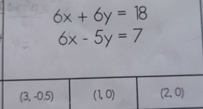 6x+6y=18
6x-5y=7