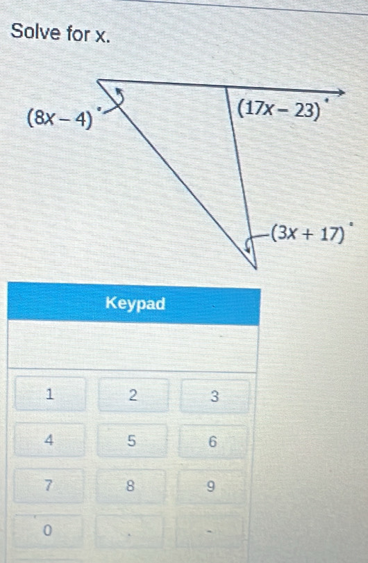 Solve for x.
Keypad
1 2 3
4 5 6
7 8 9
0
`