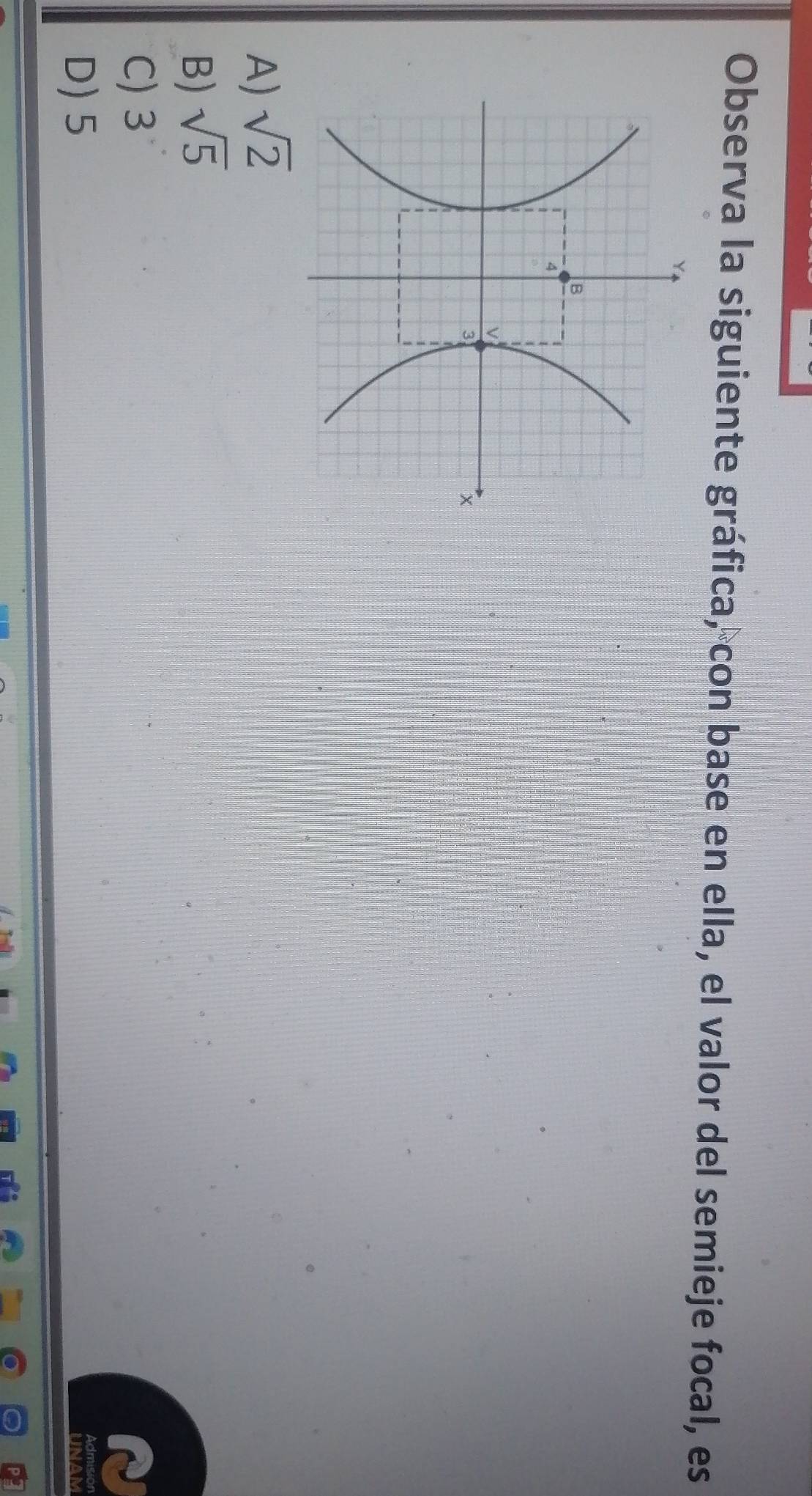 Observa la siguiente gráfica, con base en ella, el valor del semieje focal, es
A) sqrt(2)
B) sqrt(5)
C) 3
D) 5 unam