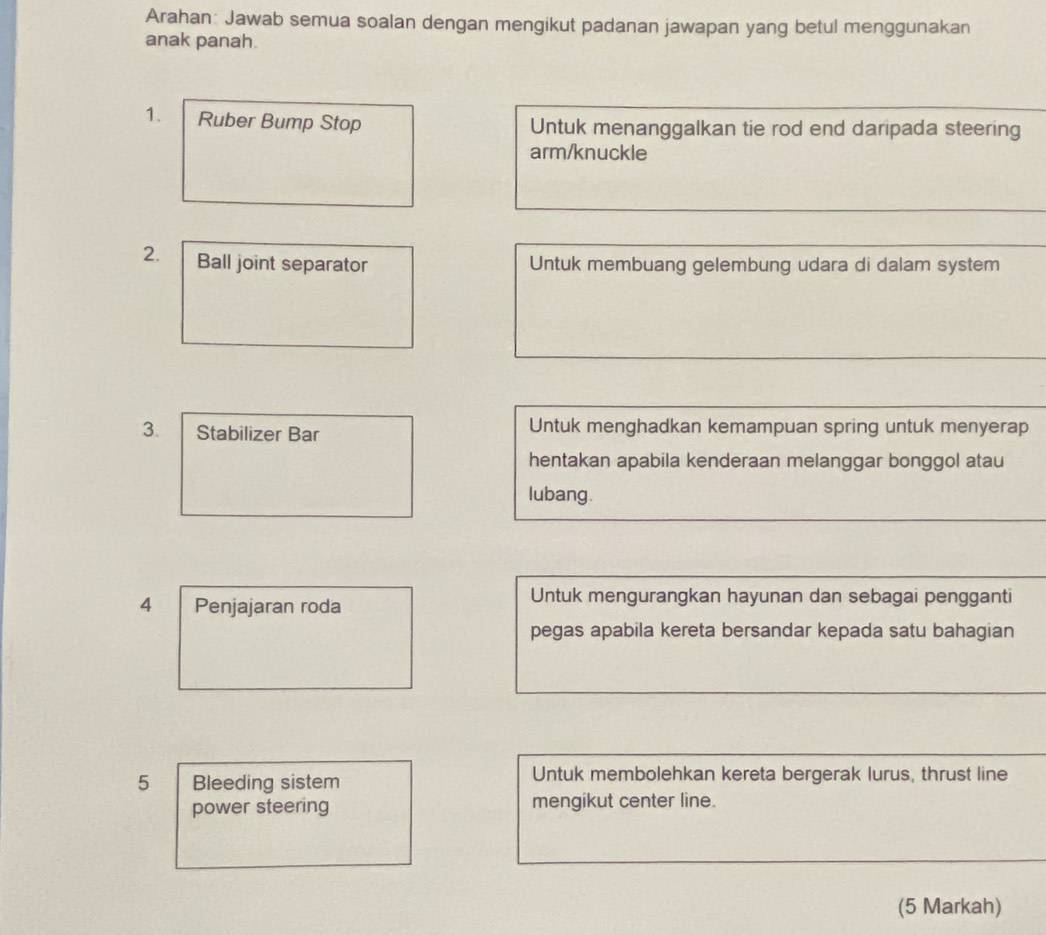 Arahan: Jawab semua soalan dengan mengikut padanan jawapan yang betul menggunakan 
anak panah. 
1. Ruber Bump Stop Untuk menanggalkan tie rod end daripada steering 
arm/knuckle 
2. Ball joint separator Untuk membuang gelembung udara di dalam system 
3. Stabilizer Bar Untuk menghadkan kemampuan spring untuk menyerap 
hentakan apabila kenderaan melanggar bonggol atau 
lubang. 
4 Penjajaran roda 
Untuk mengurangkan hayunan dan sebagai pengganti 
pegas apabila kereta bersandar kepada satu bahagian 
5 Bleeding sistem Untuk membolehkan kereta bergerak lurus, thrust line 
power steering mengikut center line. 
(5 Markah)