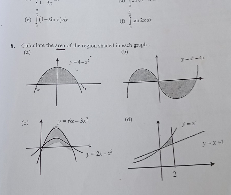 1
(e) ∈tlimits _0^((frac π)2)(1+sin x)dx
(f) ∈tlimits _0^(etan 2xdx
8. Calculate the area of the region shaded in each graph :
(a) (b)
(d)
y=e^x)
y=x+1
2