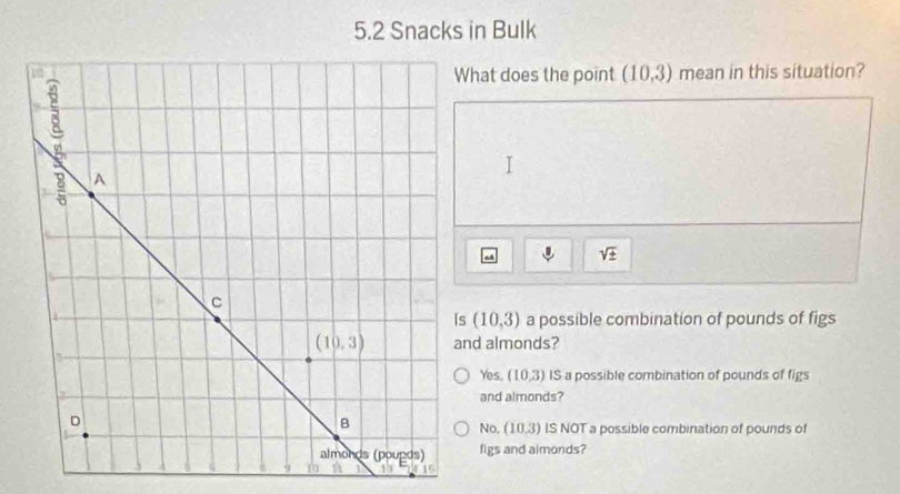 5.2 Snacks in Bulk
at does the point (10,3) mean in this situation?
sqrt(± )
(10,3) a possible combination of pounds of figs
almonds?
Yes. 1 0,3) IS a possible combination of pounds of figs
and almonds?
No. (10 3) IS NOT a possible combination of pounds of
figs and aimonds?