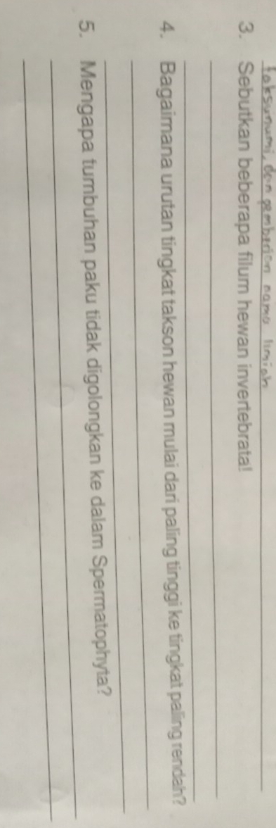 Sebutkan beberapa filum hewan invertebrata! 
_ 
_ 
_ 
4. Bagaimana urutan tingkat takson hewan mulai dari paling tinggi ke tingkat paling rendah? 
_ 
_ 
5. Mengapa tumbuhan paku tidak digolongkan ke dalam Spermatophyta? 
_