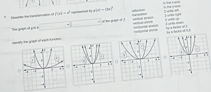 in the x-axis
In the y-axis
9. Describe the transformation of f(x)=x^2 represented by g(x)=(2x)^2. reflection 2 units left
translation 2 units right
vertical shrink 2 units down
The graph of g is a □ □ □ v of the graph of f vertical stretch 2 units up
by a factor of 0.5
Identify the graph of each function. horizontal shrink horizontal stretch by a factor of 2