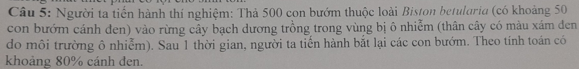 Người ta tiến hành thí nghiệm: Thả 500 con bướm thuộc loài Biston betularia (có khoảng 50
con bướm cánh đen) vào rừng cây bạch dương trồng trong vùng bị ô nhiễm (thân cây có màu xám đen 
do môi trường ô nhiễm). Sau 1 thời gian, người ta tiến hành bắt lại các con bướm. Theo tính toán có 
khoảng 80% cánh đen.