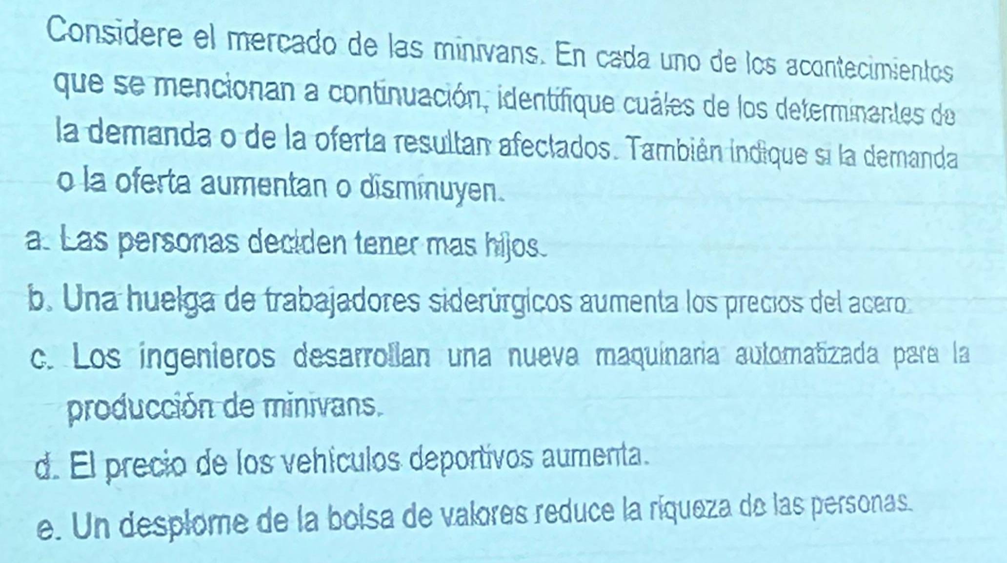 Consídere el mercado de las minivans. En cada uno de los acontecimientos
que se mencionan a continuación, identifique cuáles de los determinentes de
la demanda o de la oferta resultan afectados. También indique si la demanda
o la oferta aumentan o disminuyen.
a. Las personas deciden tener mas hijos.
b. Una huelga de trabajadores siderúrgicos aumenta los precios del acero
c. Los ingenieros desarrollan una nueva maquinaria automatizada para la
producción de minivans.
d. El precio de los vehículos deportivos aumenta.
e. Un desplome de la boisa de valores reduce la ríqueza de las personas.