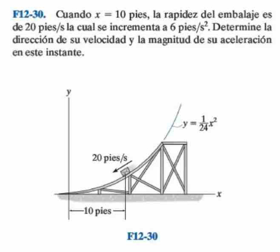 Solved: F12-30. Cuando x=10 pies, la rapidez del embalaje es de 20 pies ...