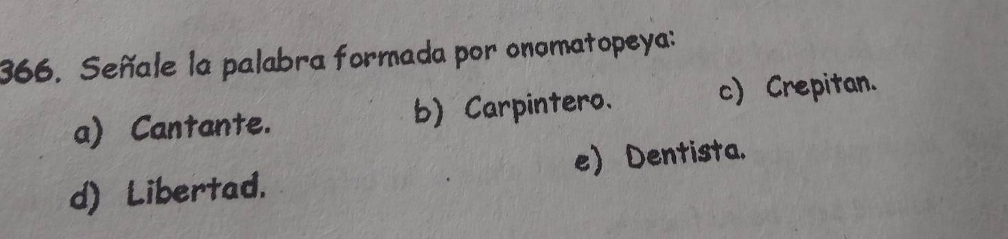 Señale la palabra formada por onomatopeya:
a) Cantante. b) Carpintero.
c) Crepitan.
e) Dentista.
d) Libertad.