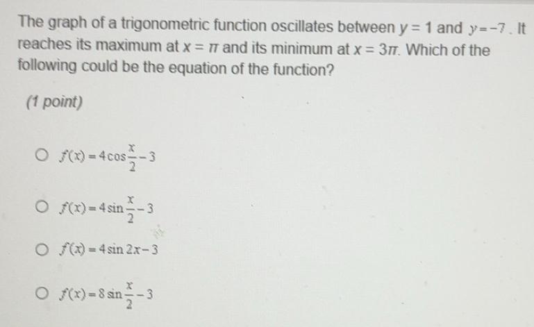 Solved: The graph of a trigonometric function oscillates between y=1 ...