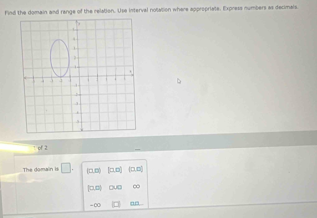 Find the domain and range of the relation. Use interval notation where appropriate. Express numbers as decimals.
of 2
—
The domain is □ . (□ ,□ ) [□ ,□ ] (□ ,□ ]
[□ ,□ ) □ U□ ∞
-∞
□ □