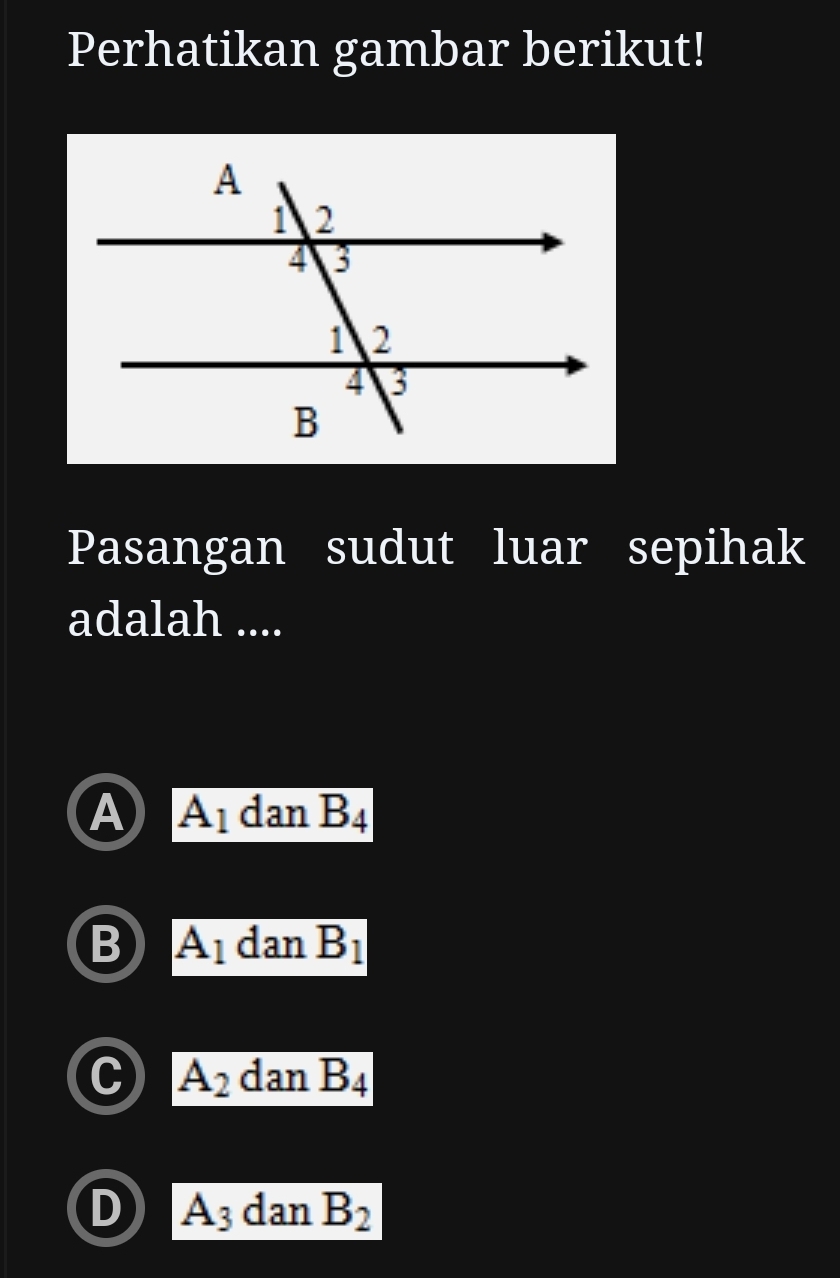 Perhatikan gambar berikut!
Pasangan sudut luar sepihak
adalah ....
A_1 dan B_4
A_1 dan B_1
A_2 danB_4
D A_3 dan B_2