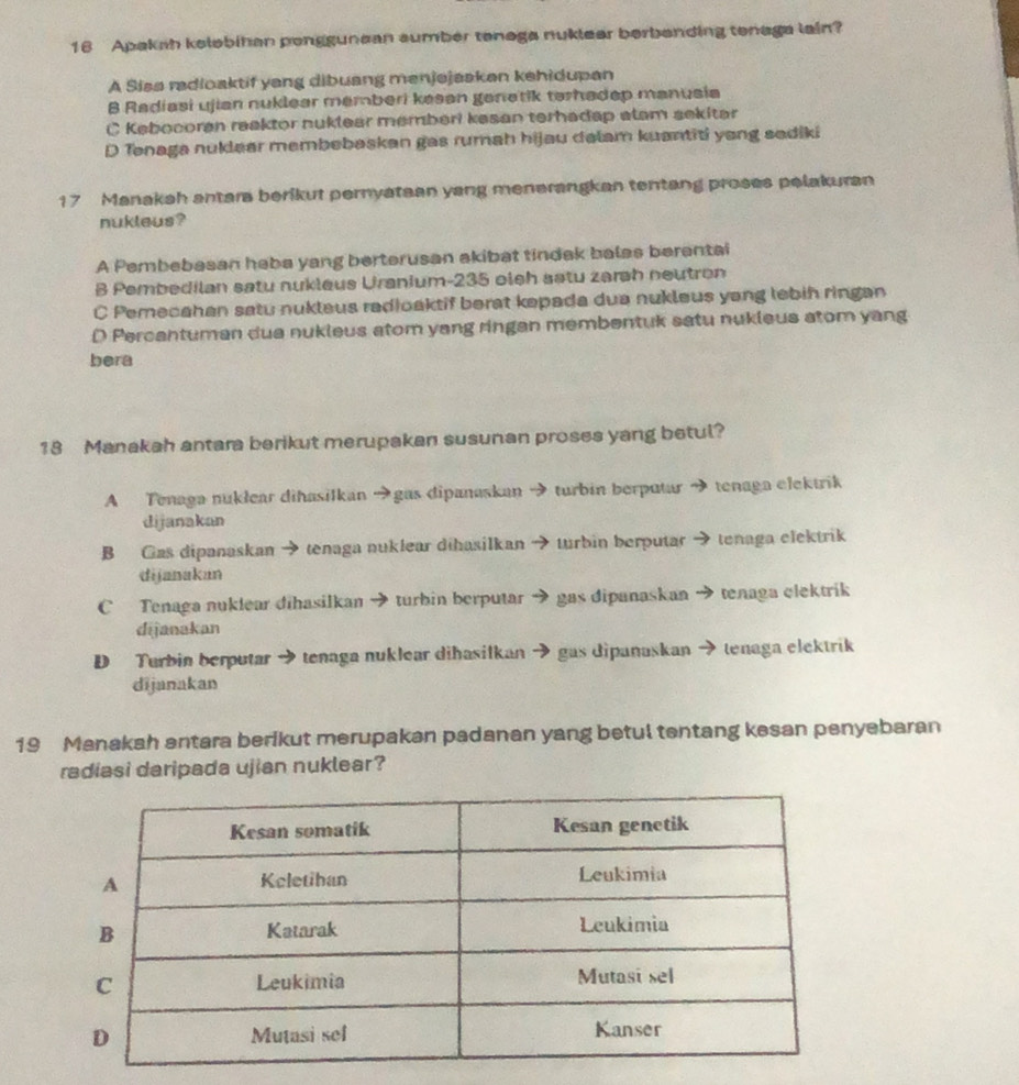 Apakah kelebihan ponggunean sumber tenega nukleer berbanding tenaga lain?
A Sisa radioaktif yang dibuang menjejasken kehidupan
8 Radiasi ujian nuklear memberi kesen genetik terhadep manusia
C Kebocoran reaktor nuklear memberi kasan terhadap alam sekitar
D Tenaga nuklear membebaskan gas rumah hijau dalam kuantiti yong sadiki
17 Manakah antara berikut pernyatean yang menerangkan tentang proses pelakuran
nukleus?
A Pembebasan haba yang berterusan akibat tindak balas berantai
B Pembedilan satu nukleus Uranium- 235 oish satu zarah neutron
C Pemecahan satu nukleus radioaktif berat kepada dua nukleus yang lebih ringan
D Percantuman dua nukleus atom yang ringan membentuk satu nukleus atom yang
bera
18 Manakah antara berikut merupakan susunan proses yang betul?
A Tenaga nukłear dihasilkan →gas dipanaskan →turbin berputar → tenaga elektrik
dijanakan
B Gas dipanaskan → tenaga nuklear dihasilkan → turbin berputar → tenaga elektrik
dijanakan
C Tenaga nuklear dihasilkan → turbin berputar . gas dipanaskan → tenaga elektrik
dijanakan
D Turbin berputar → tenaga nuklear dihasilkan → gas dipanaskan tenaga elektrik
dijanakan
19 Manakah antara berikut merupakan padanan yang betul tentang kesan penyebaran
radiasi daripada ujian nuklear?