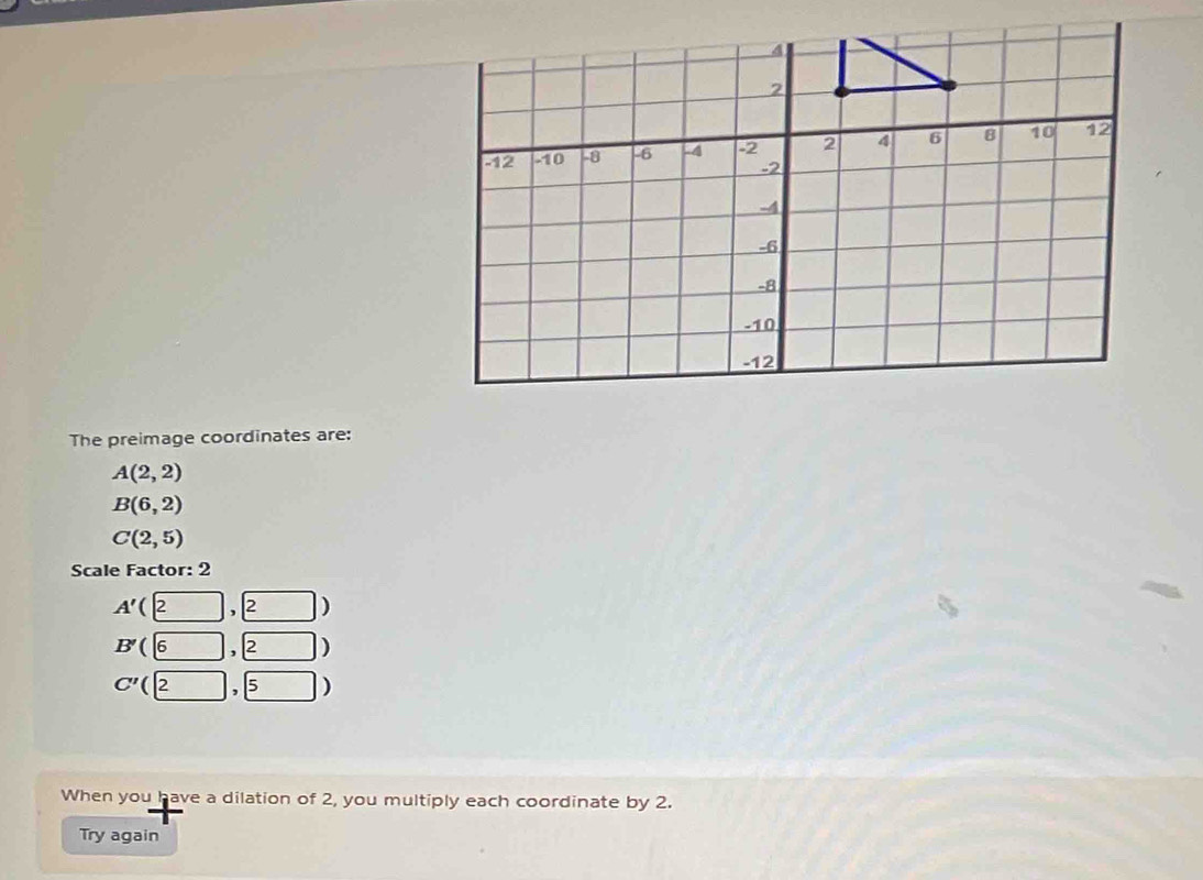 The preimage coordinates are:
A(2,2)
B(6,2)
C(2,5)
Scale Factor: 2
A'(2,2))
B'(6,2))
C'(2,5))
When you have a dilation of 2, you multiply each coordinate by 2.
Try again