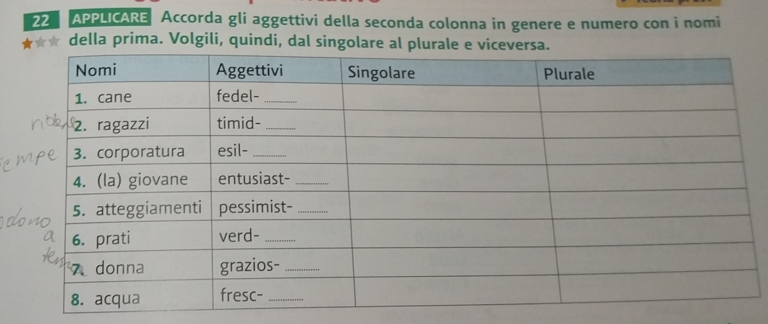 APPLICARE Accorda gli aggettivi della seconda colonna in genere e numero con i nomi 
★★★ della prima. Volgili, quindi, dal singolare