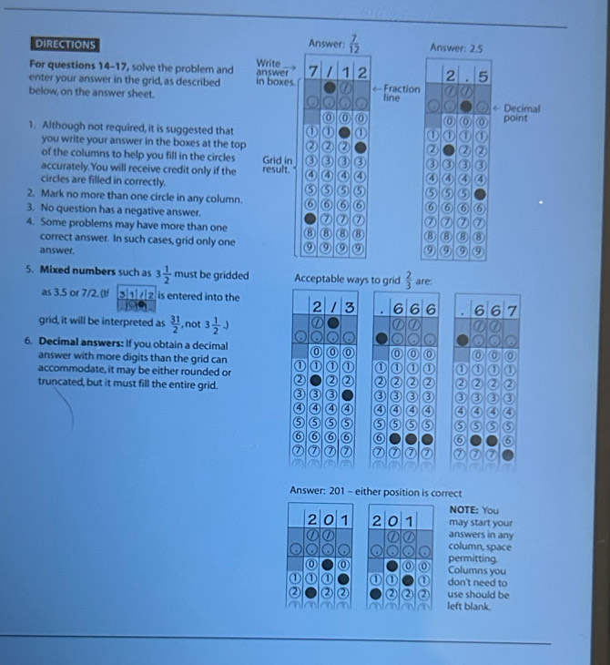 DIRECTIONS Answer:  7/12  Answer: 2.5
Write
For questions 14-17, solve the problem and answer 7 1 2 2 . 5
enter your answer in the grid, as described in boxes. ⑦  — Fraction
below, on the answer sheet. line ① ①
C ← Decimal
0 0 0 point
1. Although not required, it is suggested that ① ① ① ① 0 1 ①
you write your answer in the boxes at the top ② ② ② ② ② 2
of the columns to help you fill in the circles Grid in ③ ③ ③ ③ ③ ③ ③ 3
accurately.You will receive credit only if the result. ④ ④ ④ ④ ④ ④ ④ ④
circles are filled in correctly. ⑤ ⑤ 5 ⑤ ⑤ 5 5
2. Mark no more than one circle in any column. 6 6 6 6 ⑥ ⑥ 6 ⑥
3. No question has a negative answer. ⑦ a ⑦
⑦ ⑦
4. Some problems may have more than one 8 ⑧ ⑧ ⑧ ⑧ 8 ⑧ ⑧
correct answer. In such cases, grid only one ⑨ ⑨ 9 ⑨ ⑨
answer. ⑨ ⑨ ⑨
5. Mixed numbers such as 3 1/2  must be gridded Acceptable ways to grid  2/3  are:
as 3.5 or 7/2. (lf 3 is entered into the 2 / 3 . 6 6 6 . 6 6 7
grid, it will be interpreted as  31/2  , not 3 1/2 .) ① ① ① ①
a
6. Decimal answers: If you obtain a decimal 0 0 0
answer with more digits than the grid can ① ① ① ① ① ① ① ① ① ①
accommodate, it may be either rounded or
truncated, but it must fill the entire grid. ② ② ② ② ② Q ② ② ② ② ②
③ ③ ③ ③ ③ Q ③ ③ ③ ③
④ ④ ④ ④ ④ ④ ④ ④ ④ ④ ④ ④
⑤ ⑤ ⑤ ⑤ 6 ⑤ 6 ⑤ 6 ⑤ ⑤ ⑤
⑥ 6 ⑥ ⑥ 6 6 6
⑦ ⑦ ⑦ ⑦ ⑦ ⑦ ⑦ 7 ⑦ ⑦ ⑦
Answer: 201 - either position is correct
NOTE: You
2 0 1 2 0 1 may start your
answers in any
① ① ①  column, space
o o . a permitting.
0 0 o Columns you
① ① ① ① ① ① don't need to
② 2 2 ② ② ② use should be
left blank.