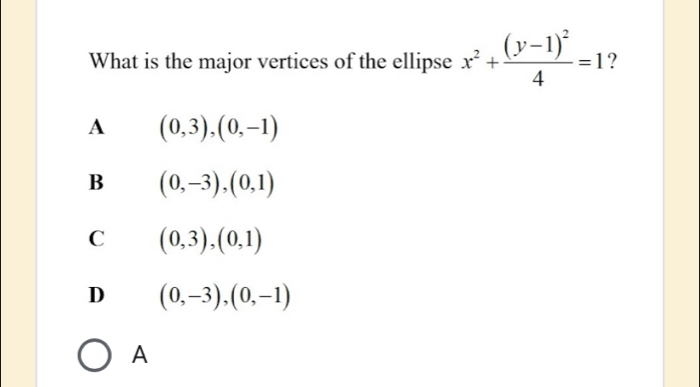 What is the major vertices of the ellipse x^2+frac (y-1)^24=1
A (0,3),(0,-1)
B (0,-3), (0,1)
C (0,3),(0,1)
D (0,-3), (0,-1)
A