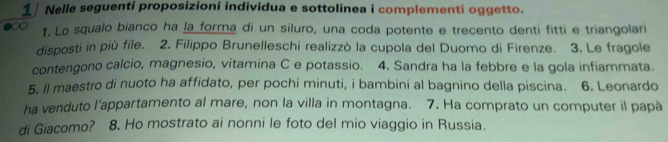 Nelle seguenti proposizioni individua e sottolinea i complementi oggetto. 
1. Lo squalo bianco ha la forma di un siluro, una coda potente e trecento denti fitti e triangolari 
disposti in più file. 2. Filippo Brunelleschi realizzò la cupola del Duomo di Firenze. 3. Le fragole 
contengono calcio, magnesio, vitamina C e potassio. 4. Sandra ha la febbre e la gola infiammata. 
5. ll maestro di nuoto ha affidato, per pochi minuti, i bambini al bagnino della piscina. 6. Leonardo 
ha venduto l’appartamento al mare, non la villa in montagna. 7. Ha comprato un computer il papà 
di Giacomo? 8. Ho mostrato ai nonni le foto del mio viaggio in Russia.