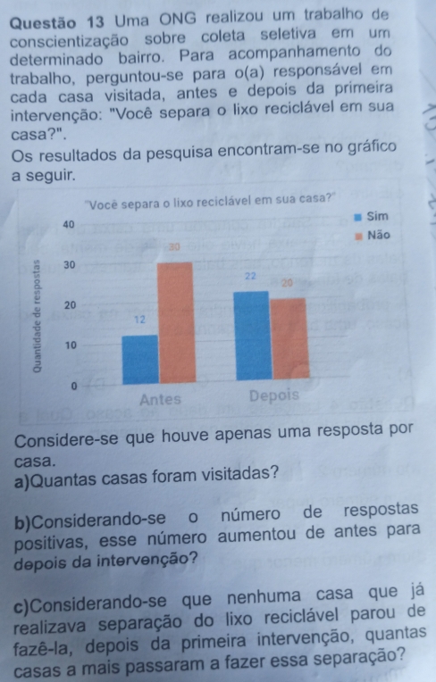 Uma ONG realizou um trabalho de 
conscientização sobre coleta seletiva em um 
determinado bairro. Para acompanhamento do 
trabalho, perguntou-se para o(a) responsável em 
cada casa visitada, antes e depois da primeira 
intervenção: "Você separa o lixo reciclável em sua 
casa?". 
Os resultados da pesquisa encontram-se no gráfico 
a seguir. 
Considere-se que houve apenas uma resposta por 
casa. 
a)Quantas casas foram visitadas? 
b)Considerando-se o número de respostas 
positivas, esse número aumentou de antes para 
depois da intervenção? 
c)Considerando-se que nenhuma casa que já 
realizava separação do lixo reciclável parou de 
fazê-la, depois da primeira intervenção, quantas 
casas a mais passaram a fazer essa separação?