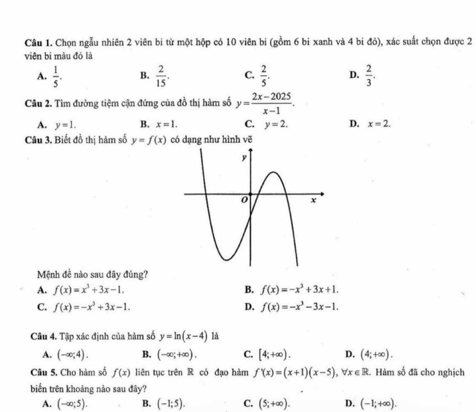 Chọn ngẫu nhiên 2 viên bi từ một hộp có 10 viên bi (gồm 6 bi xanh và 4 bi đỏ), xác suất chọn được 2
viên bi màu đỏ là
A.  1/5 .  2/15 .  2/5 .  2/3 . 
B.
C.
D.
Câu 2. Tìm đường tiệm cận đứng của đồ thị hàm số y= (2x-2025)/x-1 .
A. y=1. B. x=1. C. y=2. D. x=2. 
Câu 3. Biết đồ thị hàm số y=f(x) có dạng như hình vẽ
Mệnh đề nào sau đây đúng?
A. f(x)=x^3+3x-1. B. f(x)=-x^3+3x+1.
C. f(x)=-x^3+3x-1. D. f(x)=-x^3-3x-1. 
Câu 4. Tập xác định của hàm số y=ln (x-4) là
A. (-∈fty ;4). B. (-∈fty ;+∈fty ). C. [4;+∈fty ). D. (4;+∈fty ). 
Câu 5. Cho hàm số f(x) liên tục trên R có đạo hàm f'(x)=(x+1)(x-5), forall x∈ R. Hàm số đã cho nghịch
biến trên khoảng nào sau đây?
A. (-∈fty ;5). (-1;5). C. (5;+∈fty ). D. (-1;+∈fty ). 
B.