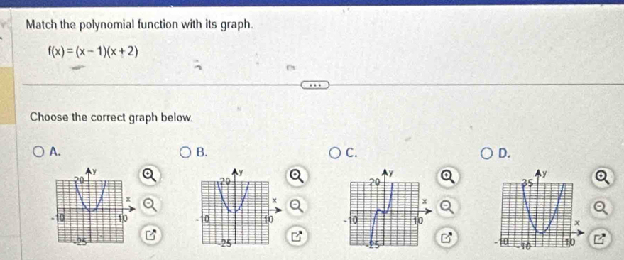 Match the polynomial function with its graph.
f(x)=(x-1)(x+2)
Choose the correct graph below. 
A. 
B. 
C. 
D.