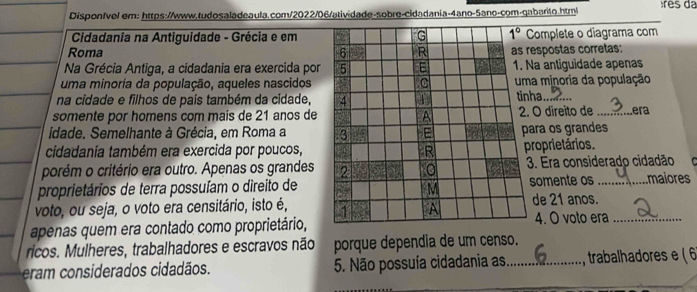 DisponIvel em: https://www.tudosaladeaula.com/2022/06/atividade-sobre-cidadania-4ano-5ano-com-gabarito.html
Cidadania na Antiguidade - Grécia e emComplete o diagrama com
Roma respostas corretas:
Na Grécia Antiga, a cidadania era exercida porNa antiguidade apenas
uma minoria da população, aqueles nascidosa minoria da população
na cidade e filhos de pais também da cidade, ha_
somente por homens com mais de 21 anos de. O direito de _era
idade. Semelhante à Grécia, em Roma a ara os grandes
cidadania também era exercida por poucos,
roprietários.
porém o critério era outro. Apenas os grandes 3. Era considerado cidadão
proprietários de terra possuíam o direito desomente os _maiores
voto, ou seja, o voto era censitário, isto é, 
de 21 anos.
apenas quem era contado como proprietário,
4. O voto era_
ricos. Mulheres, trabalhadores e escravos não porque dependia de um censo.
eram onsiderados cidadãos. 5. Não possuía cidadania as_ , trabalhadores e ( 6