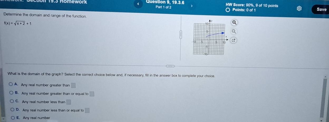 <
on 19.3 Homework Question 9, 19.3.6 HW Score: 90%, 9 of 10 points Save
Part 1 of 2 Points: 0 of 1
Determine the domain and range of the function.
 f(x)=sqrt(x+2)+1
What is the domain of the graph? Select the correct choice below and, if necessary, fill in the answer box to complete your choice.
A. Any real number greater than □
B. Any real number greater than or equal to □
C. Any real number less than □
D. Any real number less than or equal to □
E. Any real number