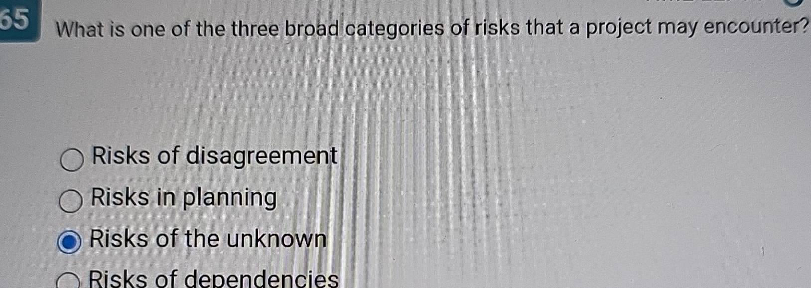 Solved: What is one of the three broad categories of risks that a ...