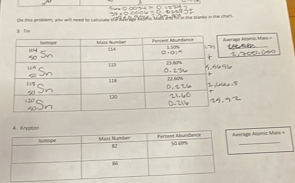 On this problem, you will need to calculate the Afer ats and fll in the blanks in the chart. 
3.Tin 
uerage Atomic Mass = 
rage Atomic Mass = 
_