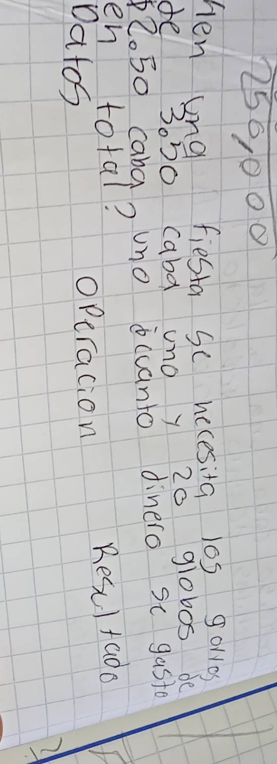 250, 000
hen ung fiesta sc necesita los goros 
de 30b0 cabd unoy 20 glob0s de
2. 50 cabauno occanto dinero se gaste 
en total? 
Besul taoo 
Datos 
Operacion