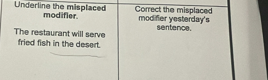 Underline the misplaced Correct the misplaced 
modifier. modifier yesterday's 
sentence. 
The restaurant will serve 
fried fish in the desert.