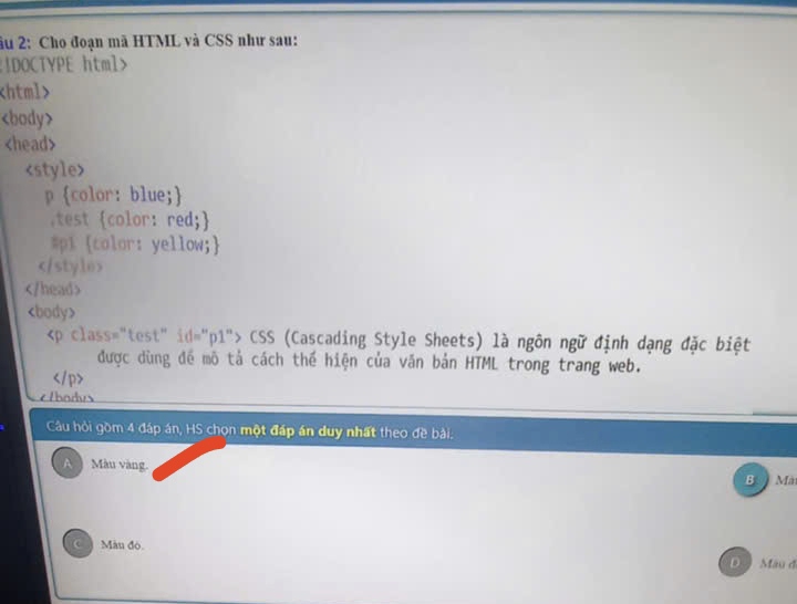 âu 2: Cho đoạn mã HTML và CSS như sau:
IDOCTYPE html>

CSS (Cascading Style Sheets) là ngôn ngữ định dạng đặc biệt
được dùng đề mô tả cách thế hiện của văn bản HTML trong trang web.

ehadus
Câu hỏi gồm 4 đáp án, HS chọn một đáp án duy nhất theo đề bài.
A ) Màu vàng. B. Ma
C Màn đó. D. ) Màu đ