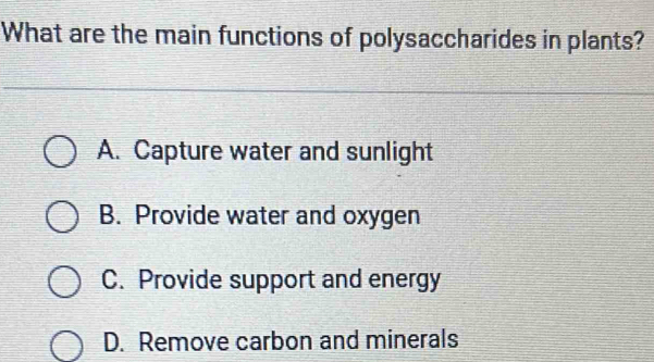 What are the main functions of polysaccharides in plants?
A. Capture water and sunlight
B. Provide water and oxygen
C. Provide support and energy
D. Remove carbon and minerals