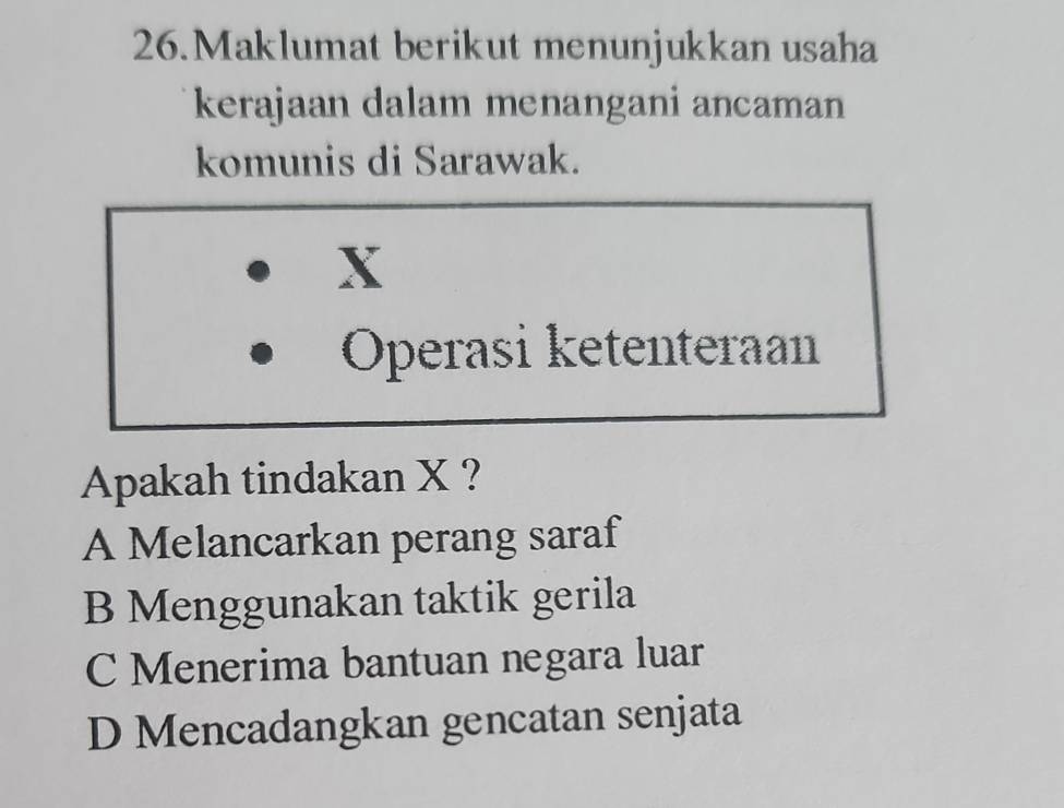 Maklumat berikut menunjukkan usaha
kerajaan dalam menangani ancaman
komunis di Sarawak.
X
Operasi ketenteraan
Apakah tindakan X ?
A Melancarkan perang saraf
B Menggunakan taktik gerila
C Menerima bantuan negara luar
D Mencadangkan gencatan senjata