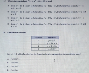 Which statement about f(x)=x^2-8x+15 is true?
A Since x^2-8x+15 can  b actored into (x-5)(x-3) the function has zeros at x=-5
and x=-3.
B Since x^2-8x+15 can be factored into (x-5)(x-3) , the function has zeros at x=3 and
x=5.
C Since x^2-8x+15 can be factored into (x-5)(x+3) , the function has zeros al x=-5
and x=3.
D Since x^2-8x+15 can be factored into (x-5)(x+3) , the function has zeros at x=5 and
x=-3.
18. Consider the functions
For x>10 , which function has the lorgest value when graphed on the coordinate plane?
A. Function 1
B Function 2
C Function 3
D Function 4