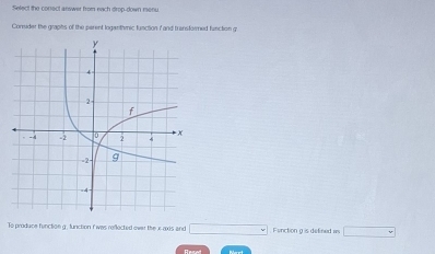 Select the conect answer from each drop-down menu 
Consider the graphs of the parent loganthmic function i and transformed function g
To produce function g. function f was reflected over the x-axis and □ Function g is defined a □