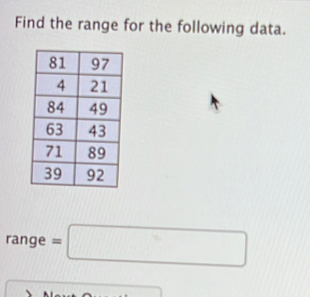 Find the range for the following data. 
range =□