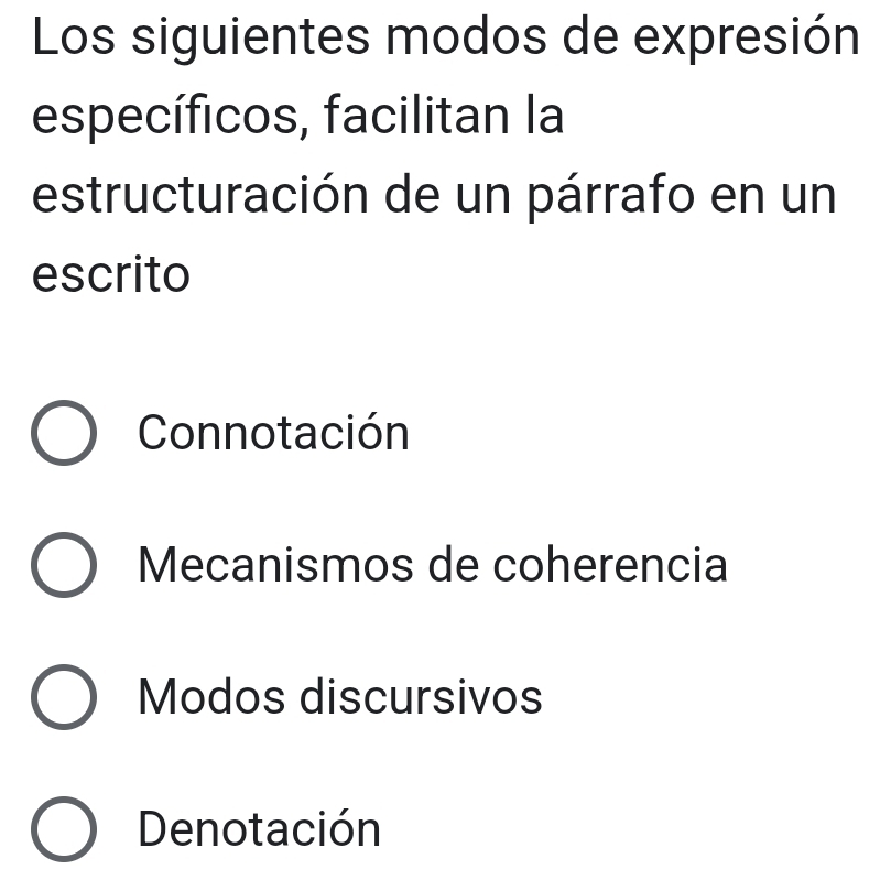 Los siguientes modos de expresión
específicos, facilitan la
estructuración de un párrafo en un
escrito
Connotación
Mecanismos de coherencia
Modos discursivos
Denotación