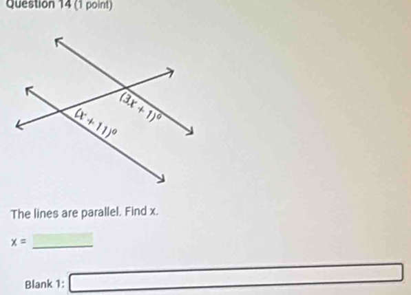 The lines are parallel. Find x.
x= _ □ 
□ 
Blank 1: □ overline  △ ABC