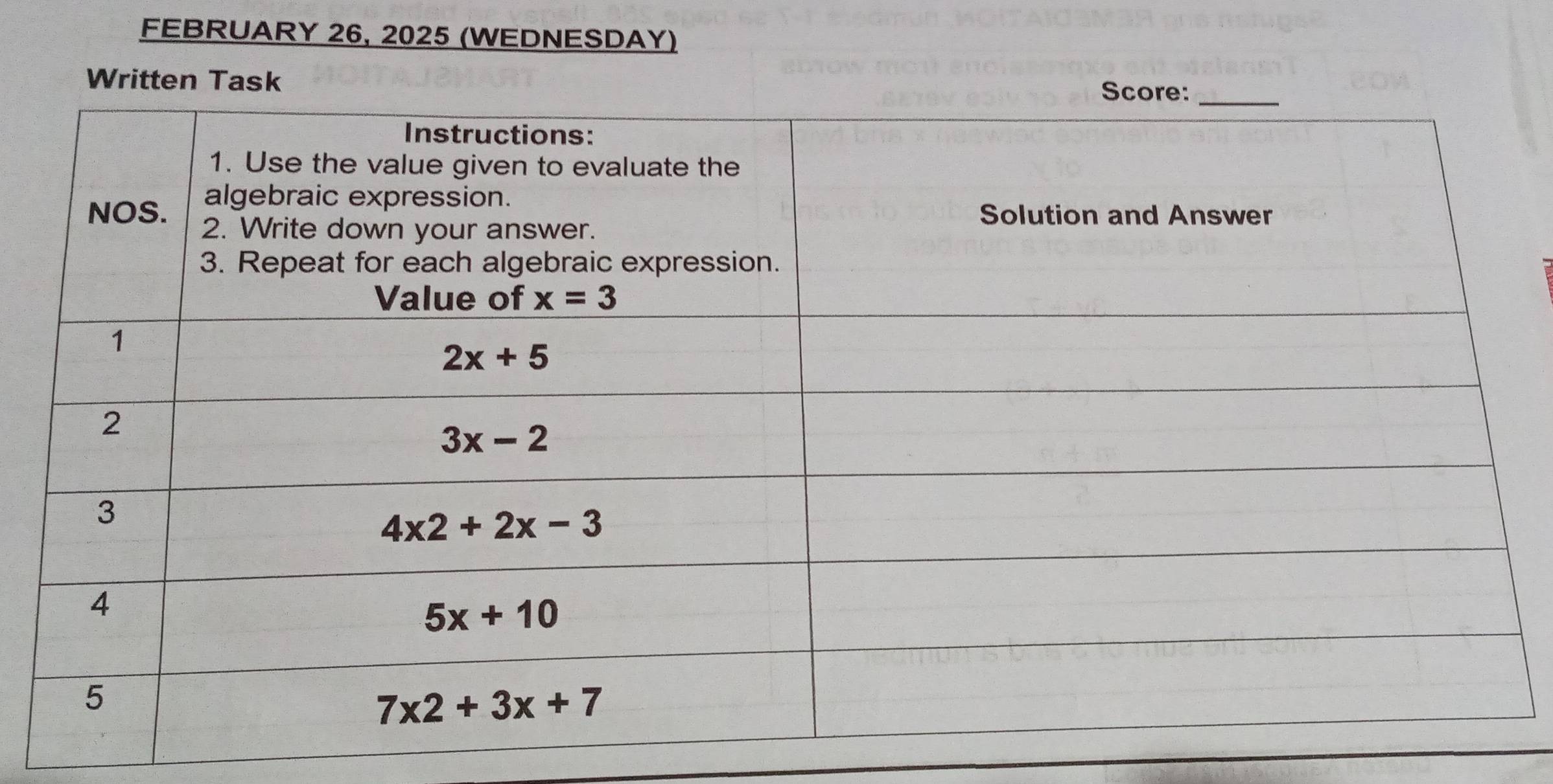 FEBRUARY 26, 2025 (WEDNESDAY)
Written Task