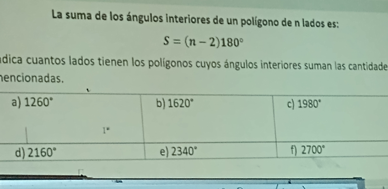 La suma de los ángulos interiores de un polígono de n lados es:
S=(n-2)180°
adica cuantos lados tienen los polígonos cuyos ángulos interiores suman las cantidade
encionadas.